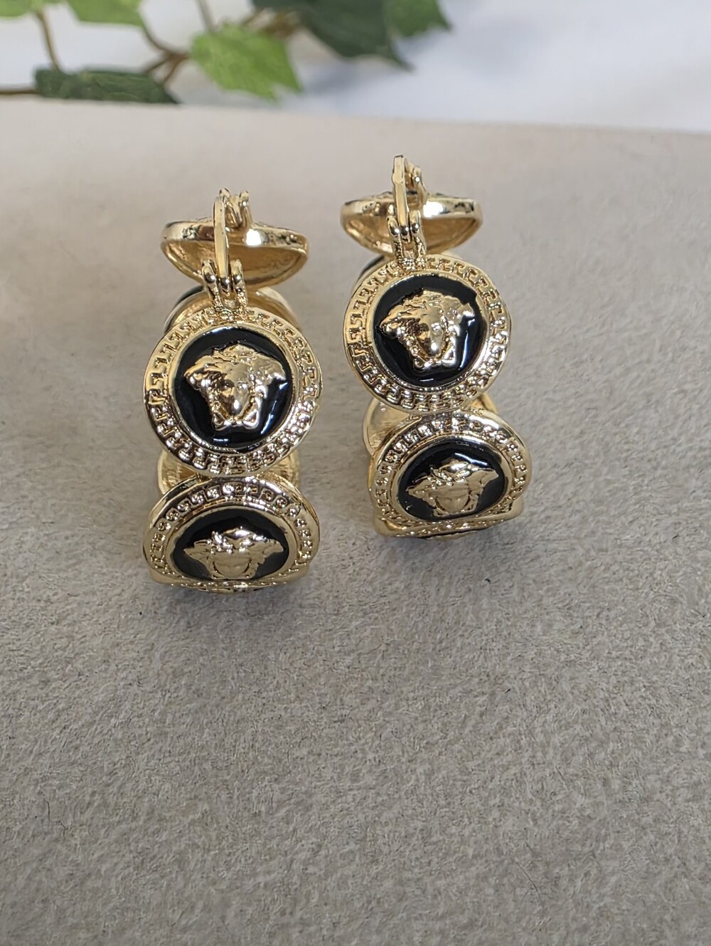 Gold Filled Medusa Coin Hoop Earrings Black Enamel Greek Key Border Huggies